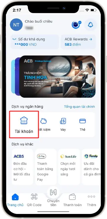 Bước 1: Tại trang chủ » Chọn mục Tài khoản
